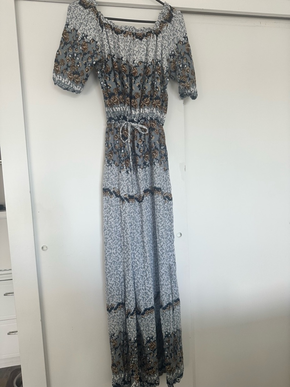 Tiare Hawaii Blue and Brown Floral Off-Shoulder Maxi Dress